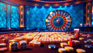 Mainkan Link Mahjong di tengah dekor kasino mewah dengan meja-meja berwarna cerah dan roda roulette.