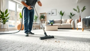 Local carpet cleaners professionally cleaning a plush carpet in a bright, modern home setting.