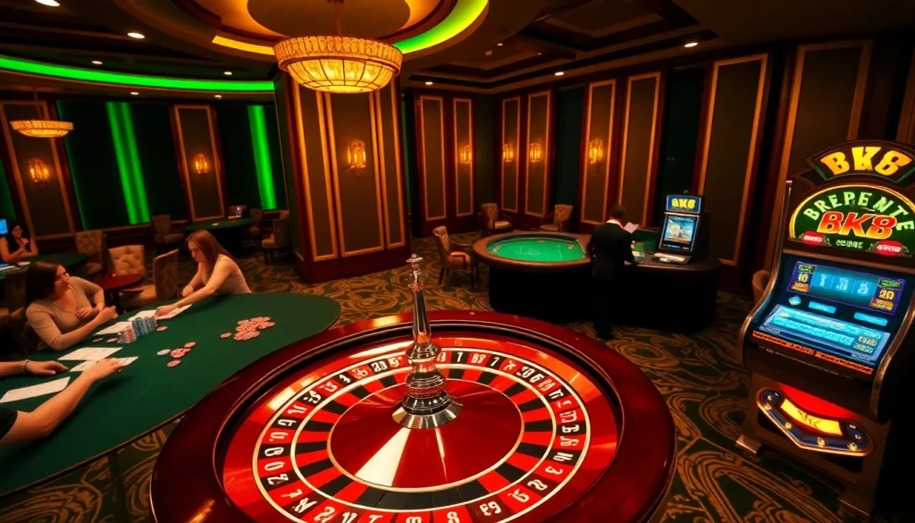 Experience the excitement at BK8 เว็บตรง casino with players engaged in thrilling games and luxury décor.
