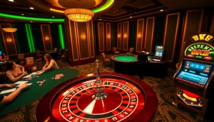 Experience the excitement at BK8 เว็บตรง casino with players engaged in thrilling games and luxury décor.