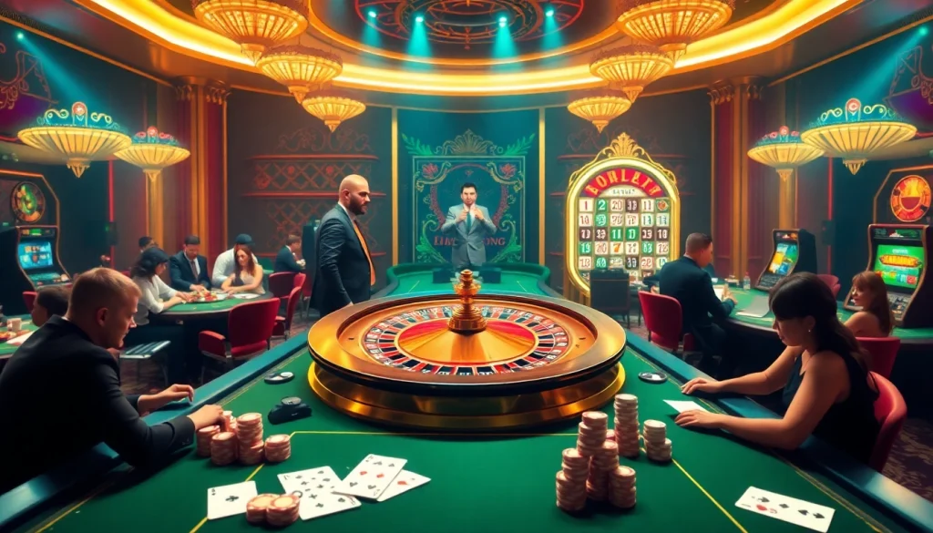 Capture the excitement of Trang chủ Haywin with players enjoying games at a lavish casino atmosphere, featuring a roulette wheel and vibrant gaming tables.
