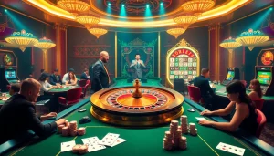 Capture the excitement of Trang chủ Haywin with players enjoying games at a lavish casino atmosphere, featuring a roulette wheel and vibrant gaming tables.
