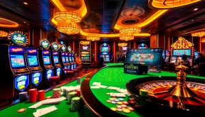 Aksi slot deposit 1k yang mendebarkan di kasino mewah dengan mesin berwarna-warni dan para pemain.