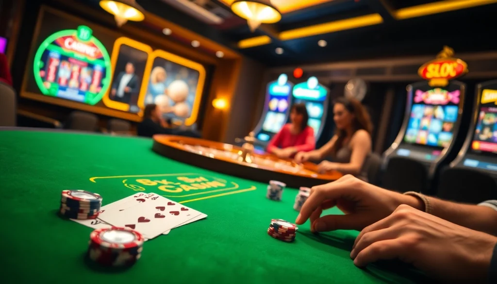 Pemain situs deposit 5k terlibat dalam permainan kasino mewah di meja poker yang penuh warna.