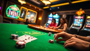 Pemain situs deposit 5k terlibat dalam permainan kasino mewah di meja poker yang penuh warna.