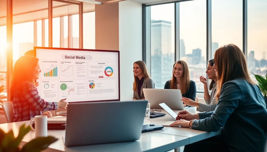 Dynamic team strategizing for Social Media Marketing in a modern office space.