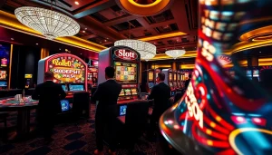 Experience the thrill of slot deposit pulsa at a glamorous casino with vibrant machines and excited players.