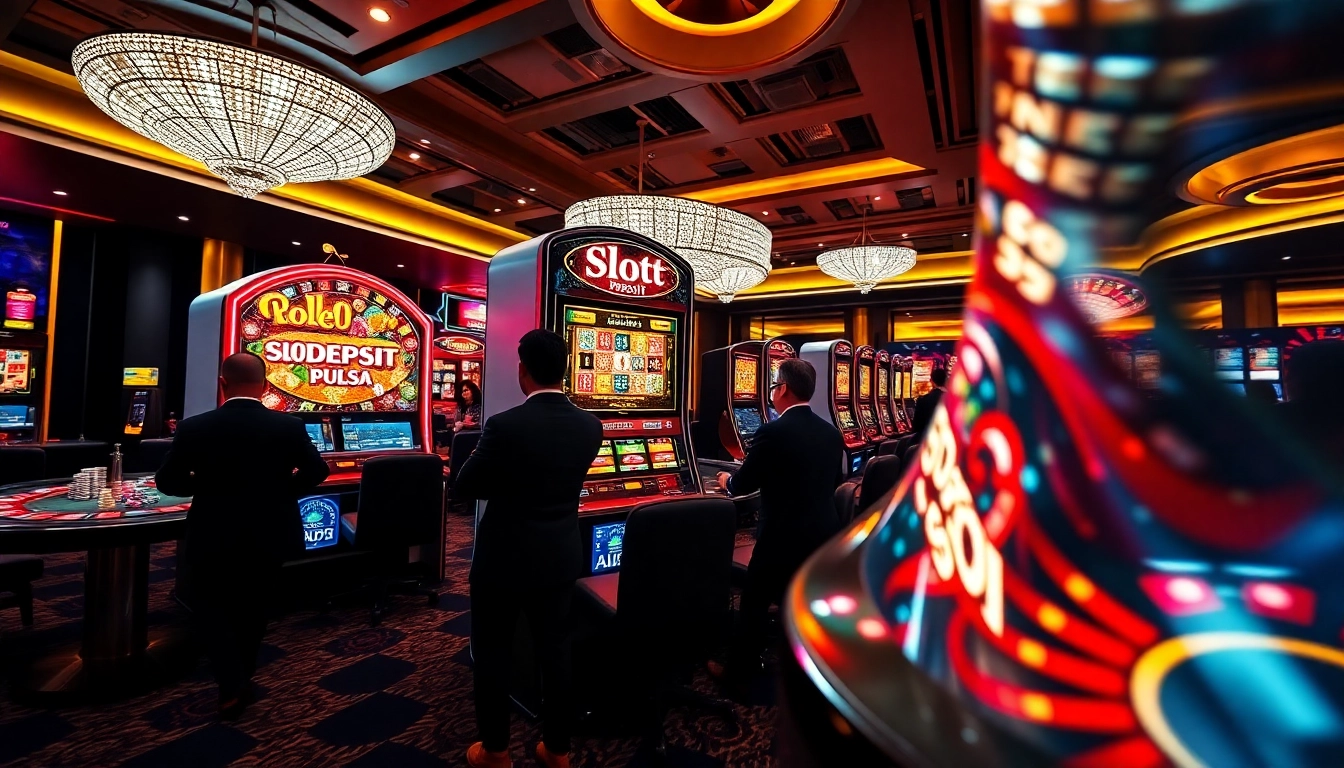 Experience the thrill of slot deposit pulsa at a glamorous casino with vibrant machines and excited players.