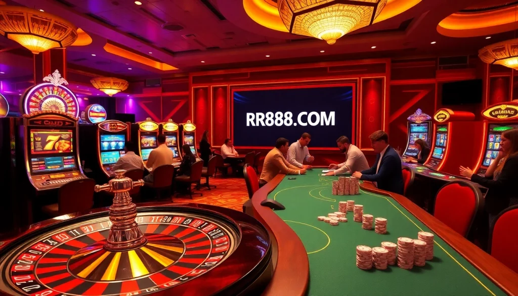 Experience thrilling casino games at RR88 COM, featuring a luxurious roulette wheel and vibrant slots.