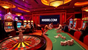 Experience thrilling casino games at RR88 COM, featuring a luxurious roulette wheel and vibrant slots.