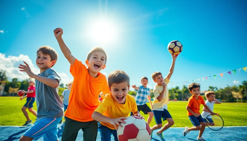 Active boys participating in Multi Sports Camps for Boys showcasing teamwork and enthusiasm.