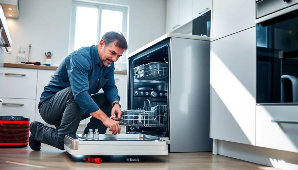 Technician engaged in BOSCH dishwasher repair, showcasing expertise in a modern kitchen.