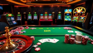 Engage in thrilling gameplay at https://febet8.com with vibrant casino elements like poker chips and roulette wheels.