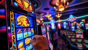 Adegan yang menarik menampilkan seorang pemain di mesin slot Zeus dalam suasana kasino yang hidup.