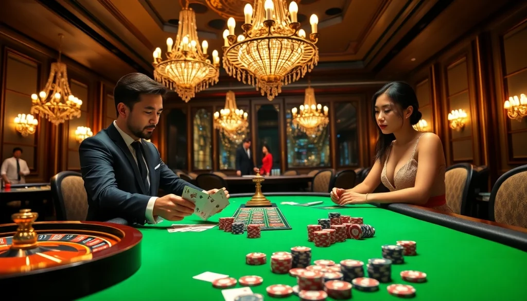 XSMB247 players engage at a luxury casino table filled with cards and chips.