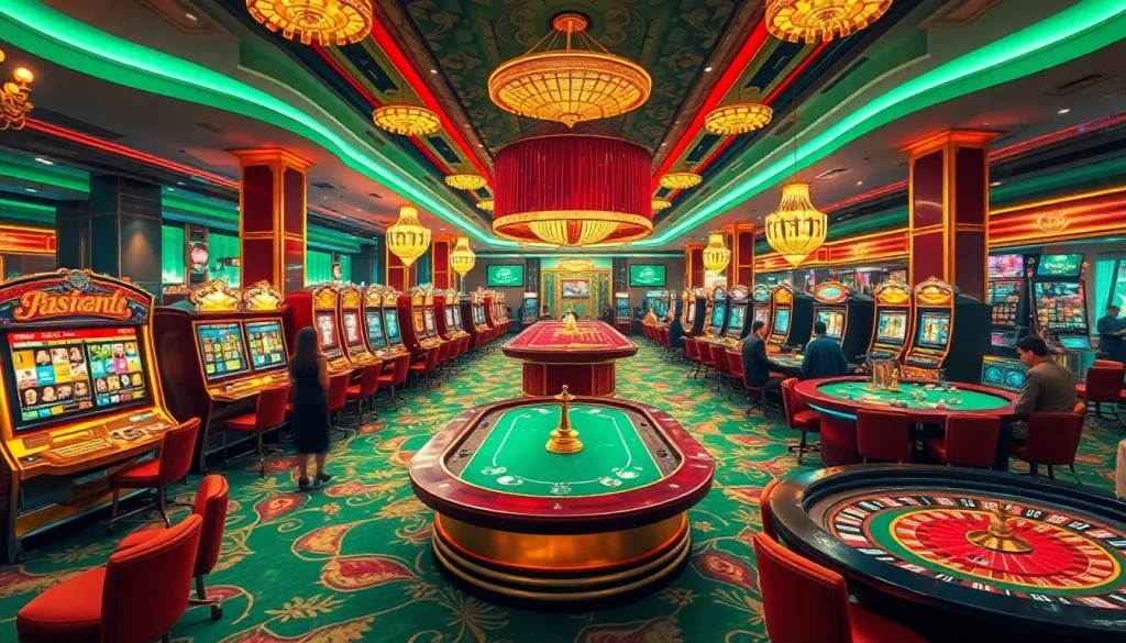 Situs deposit 5k showcased in a lively casino scene with players at slot machines and poker tables.