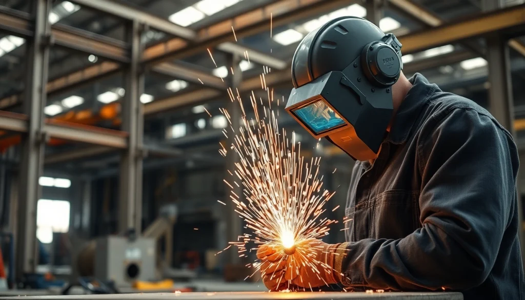 Welder performing structural steel welding with sparks flying in an industrial environment.