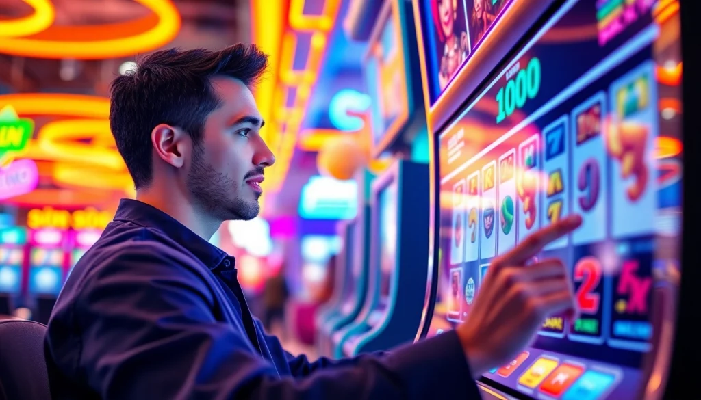 Menggandeng slot deposit 1000 di mesin slot online dengan suasana kasino yang vibrant.