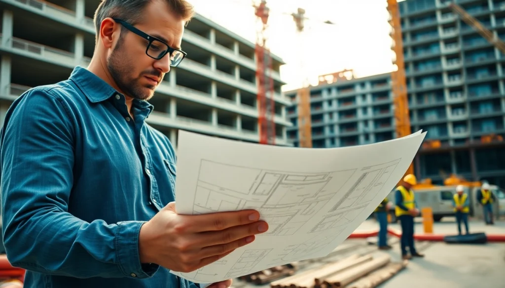 New Jersey Construction Manager reviewing blueprints on-site with construction activity.