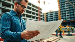 New Jersey Construction Manager reviewing blueprints on-site with construction activity.