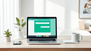 在时尚工作区的现代笔记本电脑上显示的 WhatsApp Web 界面。