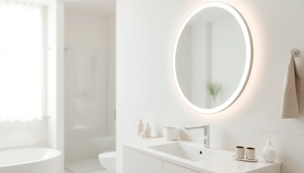 Elegant bathroom showcasing a modern mirror with Lights, enhancing the room's ambiance.