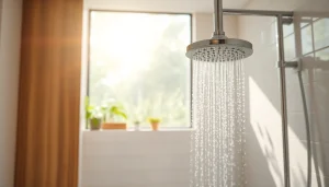 Refreshing sunny shower experience in a bright, modern bathroom setting.
