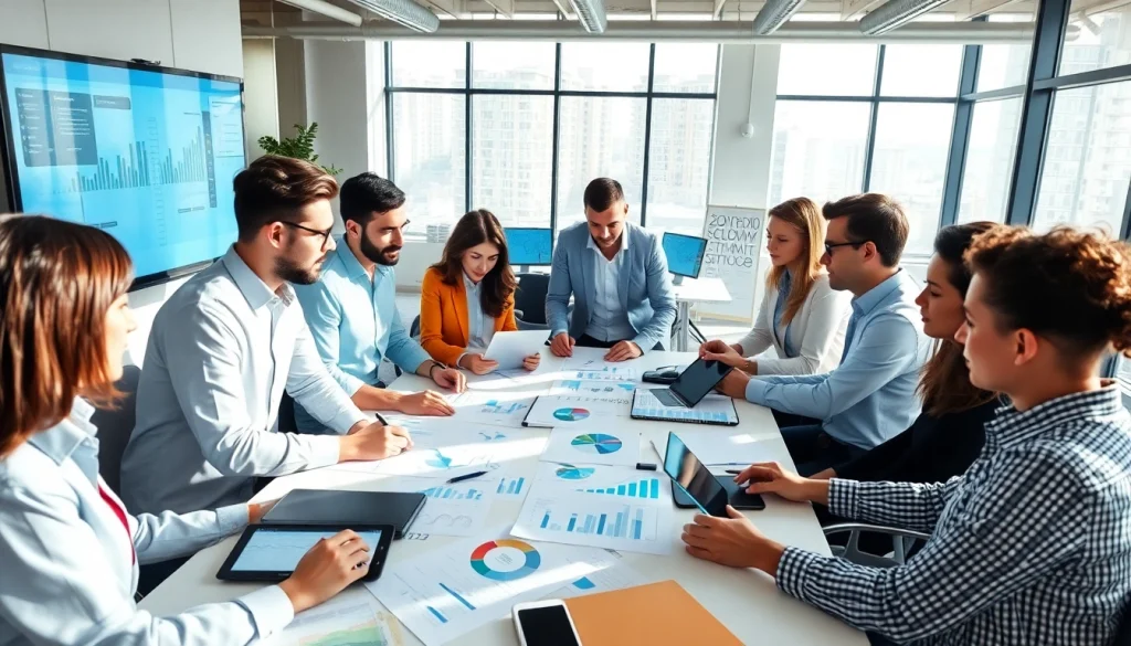 Visual representation of business growth insights featuring a collaborative team in a modern workspace.