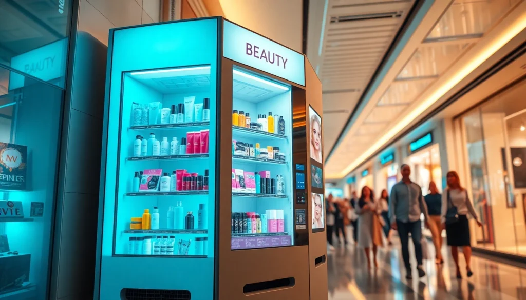 Beauty vending machine displaying vibrant beauty products in a modern shopping mall.