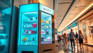 Beauty vending machine displaying vibrant beauty products in a modern shopping mall.