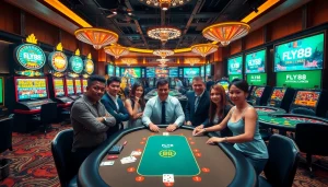 Engaged players strategizing their wins with FLY88 Link poker chips on a thrilling casino floor.