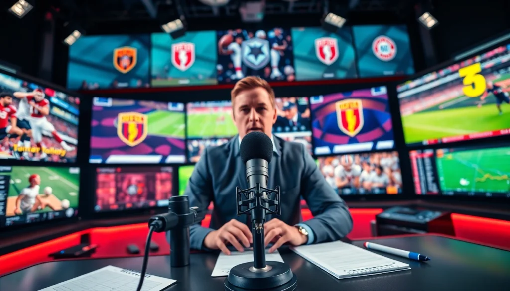 Engaging sports broadcasting scene with a commentator presenting live events.