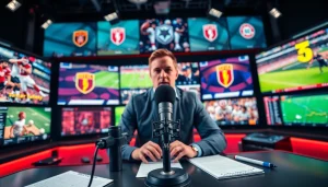 Engaging sports broadcasting scene with a commentator presenting live events.