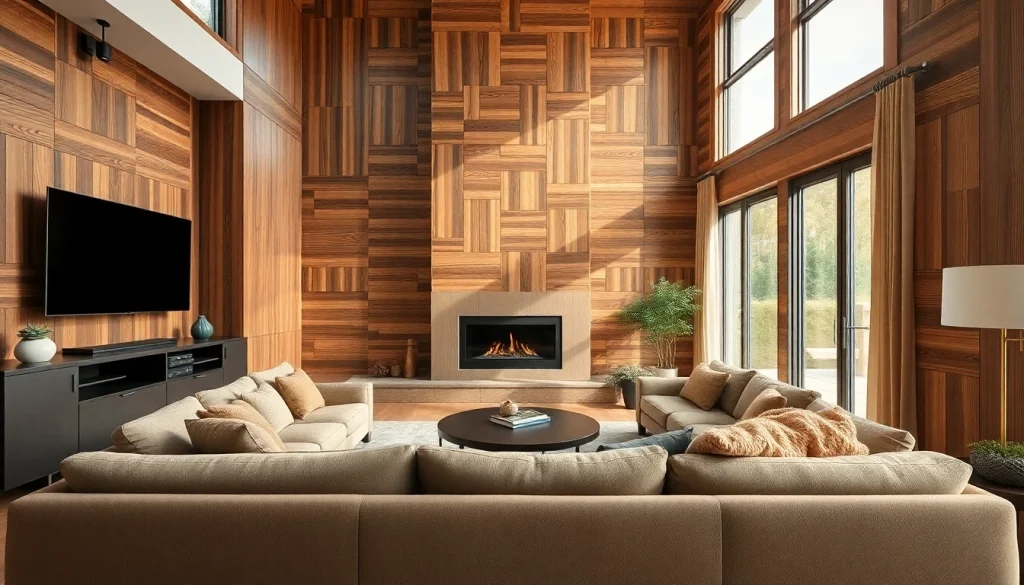 Enhance interiors with decorative wood panels for walls, showcasing warmth and style in a cozy living room setting.