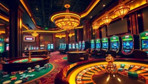 Engaging gambling action at RR88 casino featuring poker chips, roulette wheels, and slot machines.
