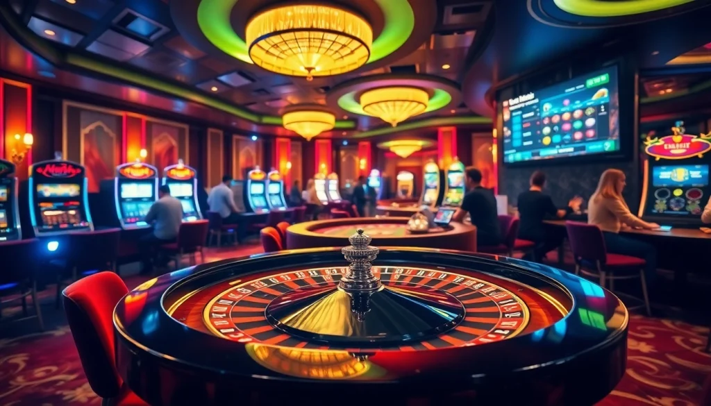 Experience thrilling gaming at https://shbet.law/ with vibrant casino visuals depicting roulette tables and slot machines.