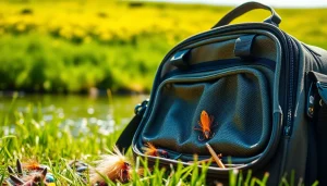 Showcasing a Fly fishing bag filled with fishing gear in a scenic outdoor environment.