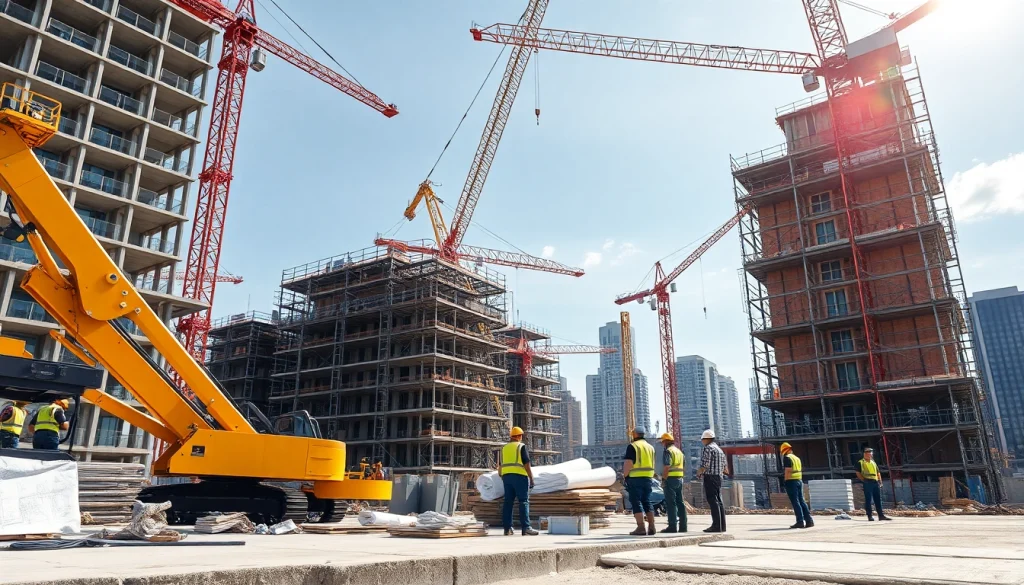 Austin construction site featuring cranes and workers collaboratively building a high-rise.