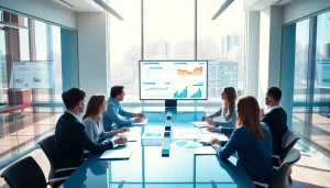 Team discussing Competitive intelligence strategies with charts and graphs.