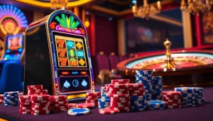 Adegan yang menarik menampilkan slot deposit pulsa pada mesin slot kasino mewah dengan warna-warna cerah dan suasana yang mendebarkan.