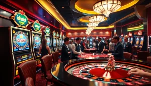 Players enjoying exciting slot games at idnslot casino, featuring vibrant machines and casino atmosphere.