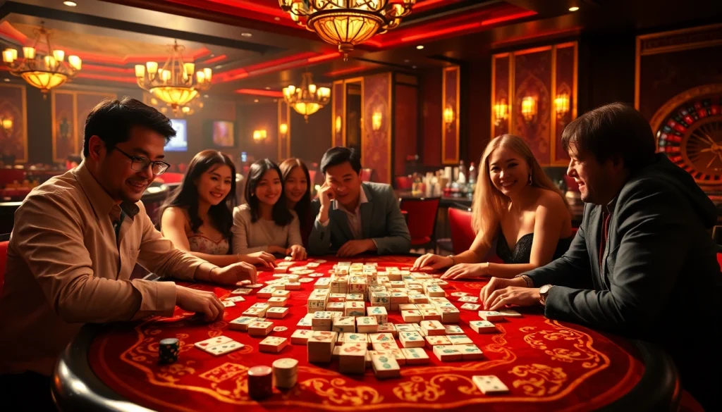 Engage with link mahjong at a luxurious casino table featuring stunning tiles and joyful players.