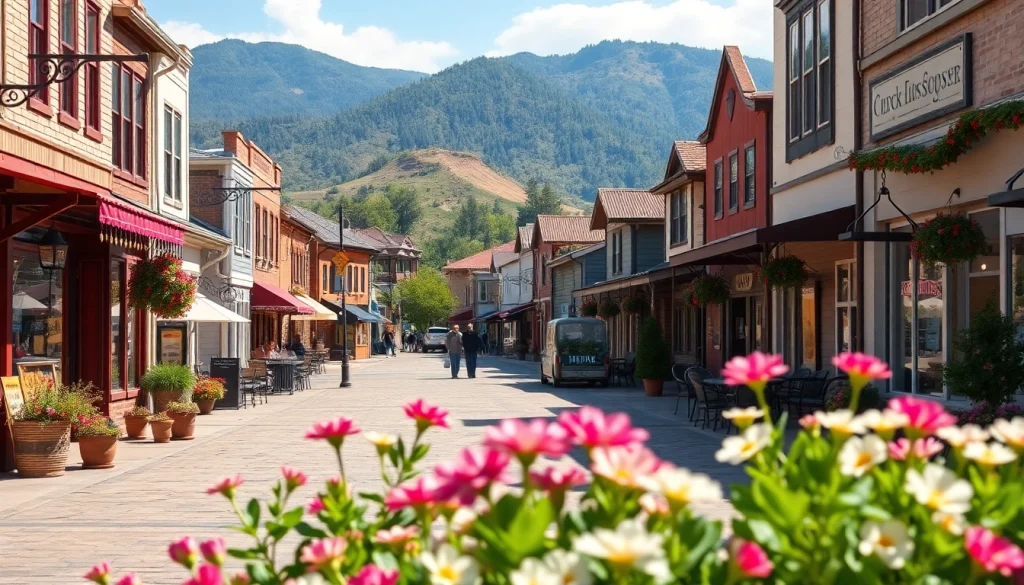 Clarksburg street scene with charming shops and mountains, inviting atmosphere.