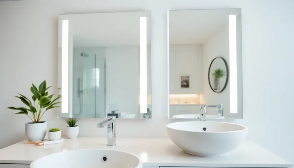 Explore a stylish bathroom mirror with LED light elegantly set in a serene environment.