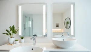 Explore a stylish bathroom mirror with LED light elegantly set in a serene environment.