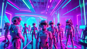 Dynamic scene showcasing vibrant NSFW character AI interactions in a futuristic digital world.