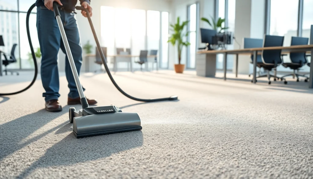 Engaging in commercial carpet cleaning, a technician revitalizes an office space with attention to detail.