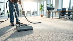 Engaging in commercial carpet cleaning, a technician revitalizes an office space with attention to detail.