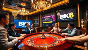 Experience thrilling gameplay at BK8 เว็บตรง with players celebrating big wins at a luxury roulette table.