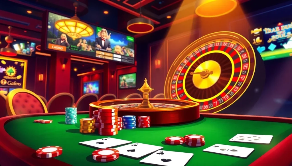 Engaging scene of live gaming action on Trang chủ Haywin with poker chips and a roulette wheel.